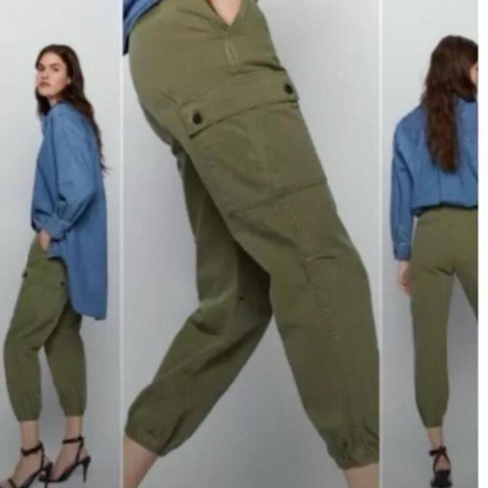 Zara Women Cargo size 4 in Forest green Khaki Mid Rise Relaxed Leg joggers pants